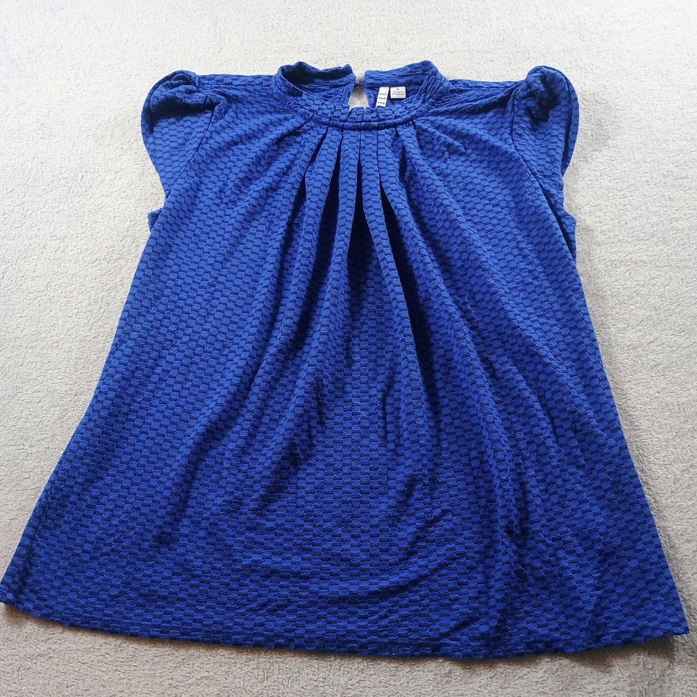 Elle‎ Women Blouse Blue M Textured Pleated Neck Flutter Sleeve Top Workwear Soft